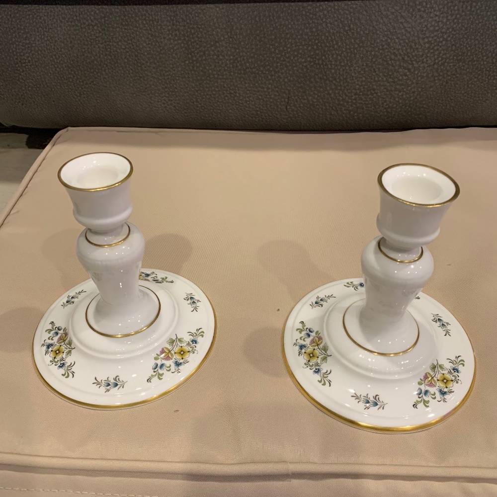 Minton Bone China Tapered Floral Candlestick Holders (Pair) Made in England